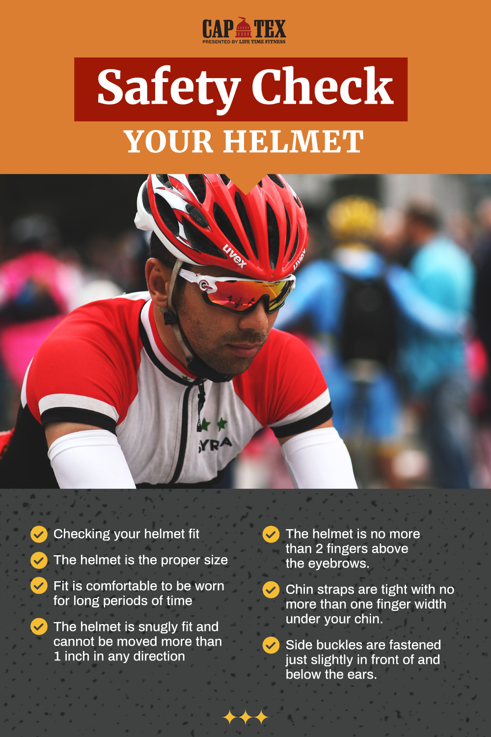 Cyclist wearing a helmet properly with instructions to check proper helmet fit for safty