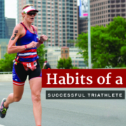 Female runner completes the final leg of the 2019 CapTex Tri on the South 1st Street Bridge. Text in design reads habits of a successful triathlete. Read the habits at https://captextri.com/habits-of-a-successful-triathlete/