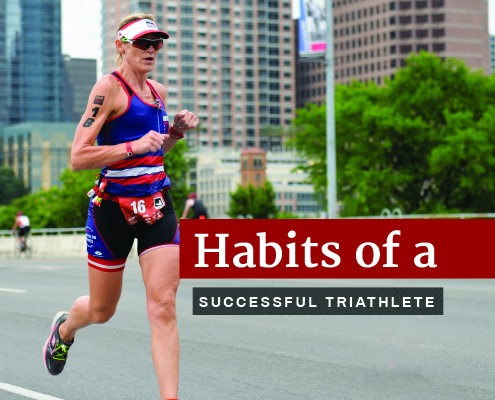 Female runner completes the final leg of the 2019 CapTex Tri on the South 1st Street Bridge. Text in design reads habits of a successful triathlete. Read the habits at https://captextri.com/habits-of-a-successful-triathlete/