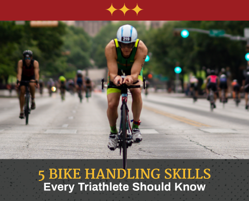 Male cyclist rides down Congress Avenue during CapTex Tri with the Texas State Capitol in the background. Text in design reads 5 Bike Handling Skills Every Triathlete Should Know. Learn more at https://captextri.com/bike-handling-skills/