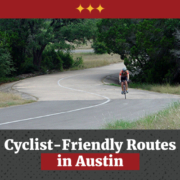 Solo cyclist rides on the Veloway in Austin, Texas. Text on design reads Cyclist-Friendly Routes in Austin. Learn more at https://captextri.com/cyclist-friendly-routes-in-austin/