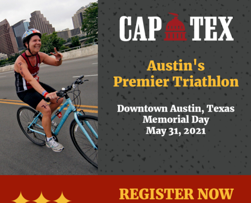 Cyclist competes in the CapTex Triathlon. Text on design reads Register Now for the 2021 CapTex Triathlon.