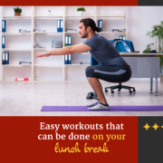 Male does squats in his office for exercise. Text on design reads Easy Lunch Break Workouts. Learn more at https://captextri.com/lunch-break-workouts/