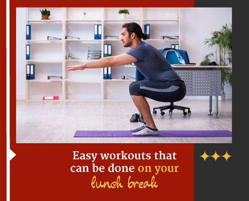 Male does squats in his office for exercise. Text on design reads Easy Lunch Break Workouts. Learn more at https://captextri.com/lunch-break-workouts/