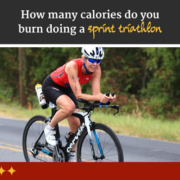 Cyclist rides her bike on the open road during a sprint triathlon. Text on design reads How Many Calories are Burned During a Sprint Triathlon. Read more at https://captextri.com/how-many-calories-are-burned/