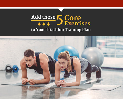 A man and woman are side-by-side in the plank position. Text on design reads Add these 5 Core Exercises to Your Triathlon Training Plan. Read more at https://captextri.com/5-core-exercises/