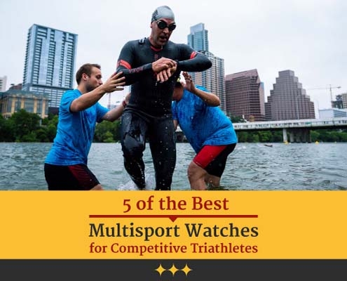 Triathlete exits Town Lake in Austin, Texas, after the CapTex Tri swim. Text on design reads 5 of the Best Multisport Watches for Competitive Triathletes. Read more at https://captextri.com/5-best-multisport-watches/