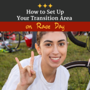 Triathlete makes the longhorn symbol with her right hand while setting up in transition race morning. Text on design reads How to Set Up Your Transition Area on Race Day. Read more at https://captextri.com/set-up-your-transition-area/