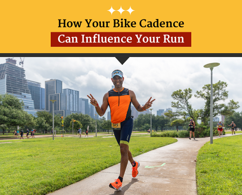 A triathlete flashes the peace sign during the run portion of the CapTex Triathlon. Text on design reads How Your Bike Cadence Can Influence Your Run. Read more at https://captextri.com/bike-cadence-can-influence-your-run/