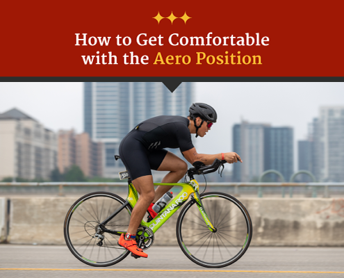 Cyclist rides in the aero position on the S. 1st St. Bridge during the 2021 CapTex Triathlon. Text on design reads How to Get Comfortable with the Aero Position. Learn more at https://captextri.com/get-comfortable-aero-position/