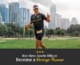 Triathlete gives a thumbs up for the camera during CapTex Triathlon with the Austin skyline in the background. Text on design reads Run these Austin hills to become a stronger runner. Learn more at https://captextri.com/run-these-austin-hills/