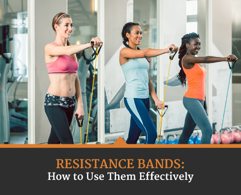 Three woman work out their upper body in a gym using resistance bands. Text on design reads Resistance Bands: How to Use Them Effectively. Learn more at https://captextri.com/resistance-bands/